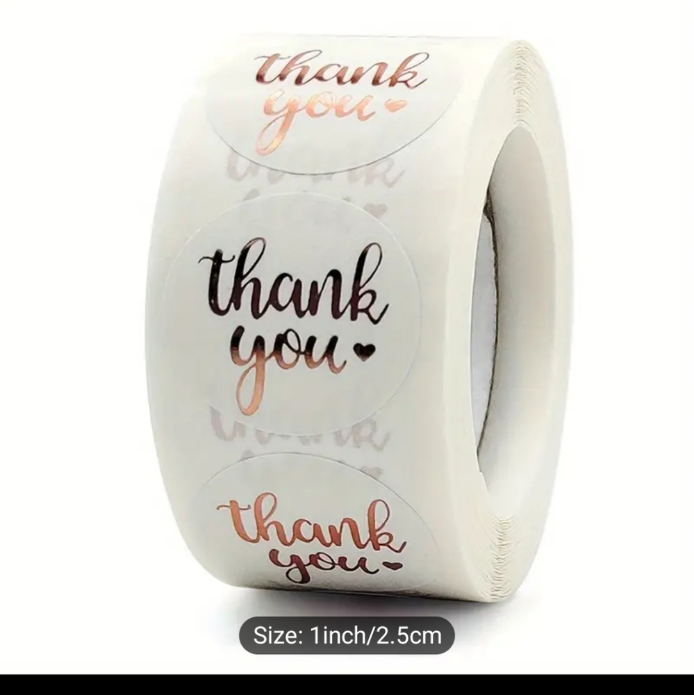 1" Round Thank You Stickers roll of 500 Gold Lettering Sellers, Brides, Business